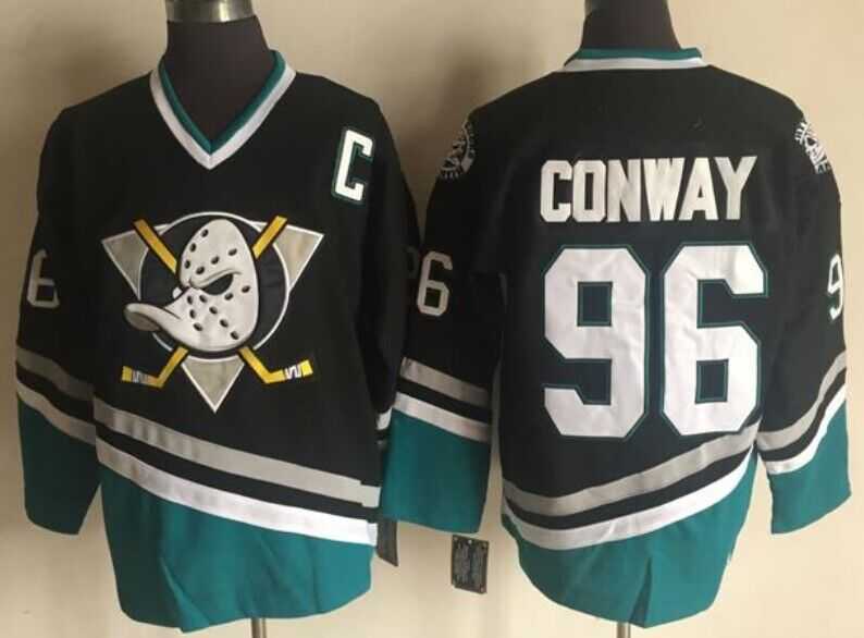 Mens Anaheim Ducks #96 Charlie Conway Mighty Ducks Movie Black Green Ice Hockey Jerseys